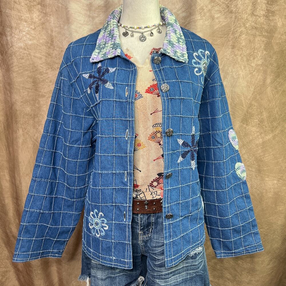 Vintage Embroidered Denim Jacket 90s Checkered Blue Jean Crochet Collar Boho Y2K